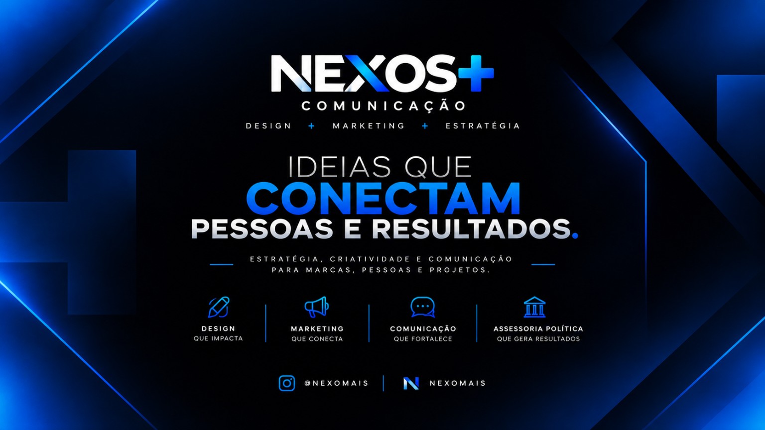 Arte institucional NEXOS+ Comunicação com os dizeres ideias que conectam pessoas e resultados
